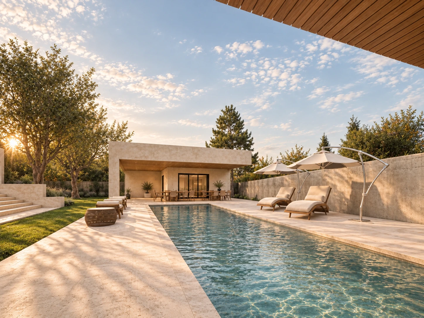 Pool and shaded terrace · AI-refined design visualization